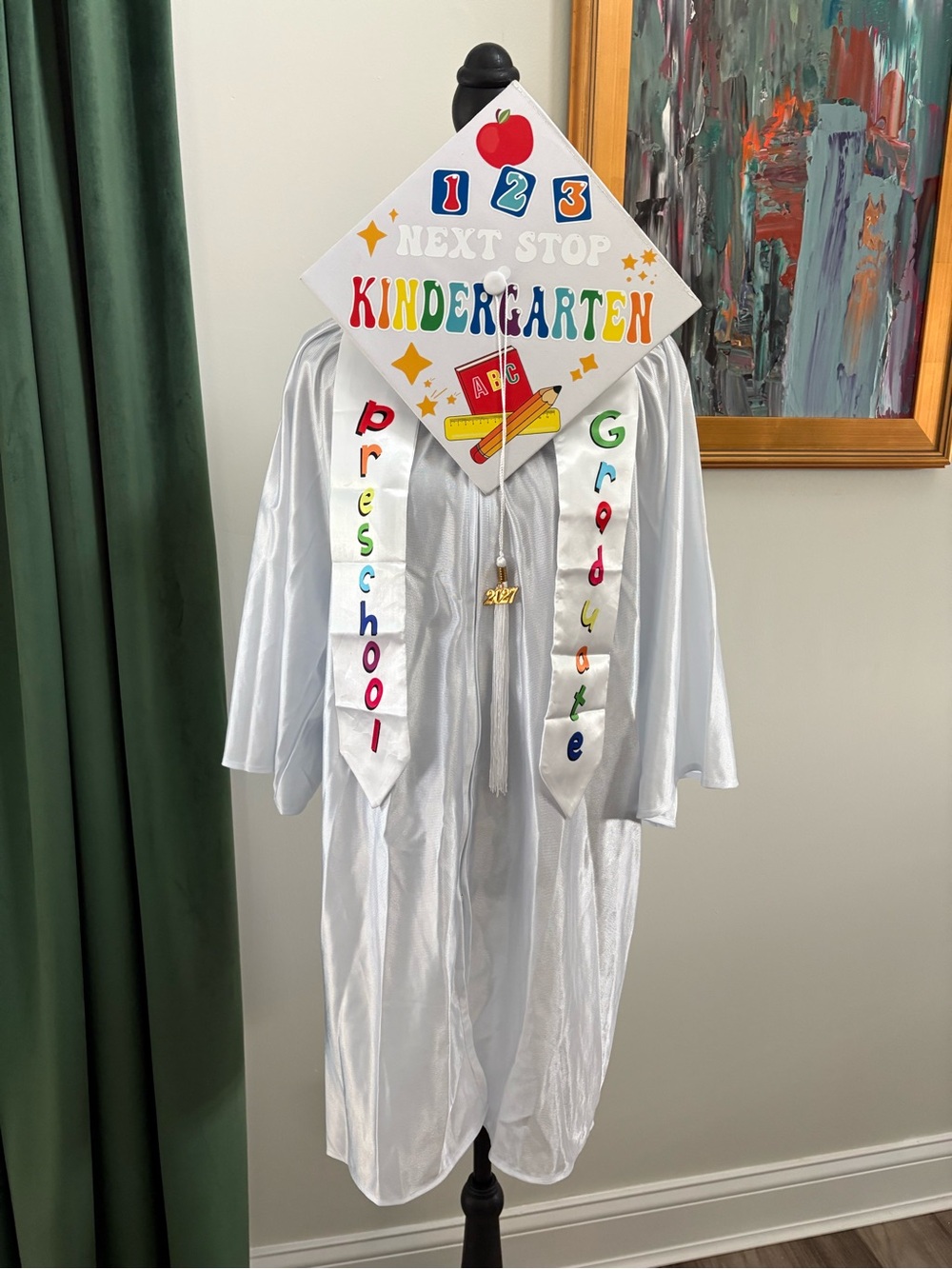 Kids Graduation Costume Gown and Cap - White with Colorful Accents
